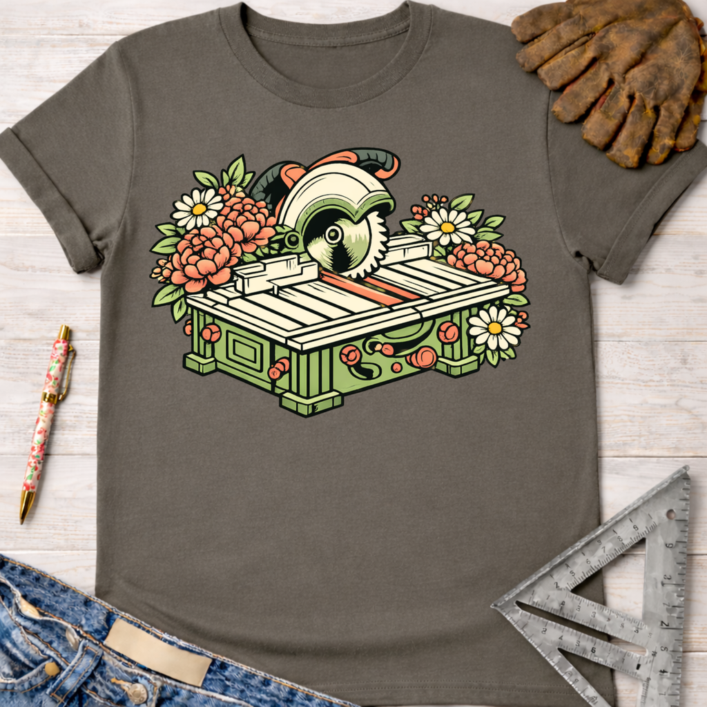 Women's funny woodworking graphic tee shirt for female woodworkers, makers, and DIY builders — Sawdust & Ponytails. Dark gray tee with a colorful floral table saw graphic.