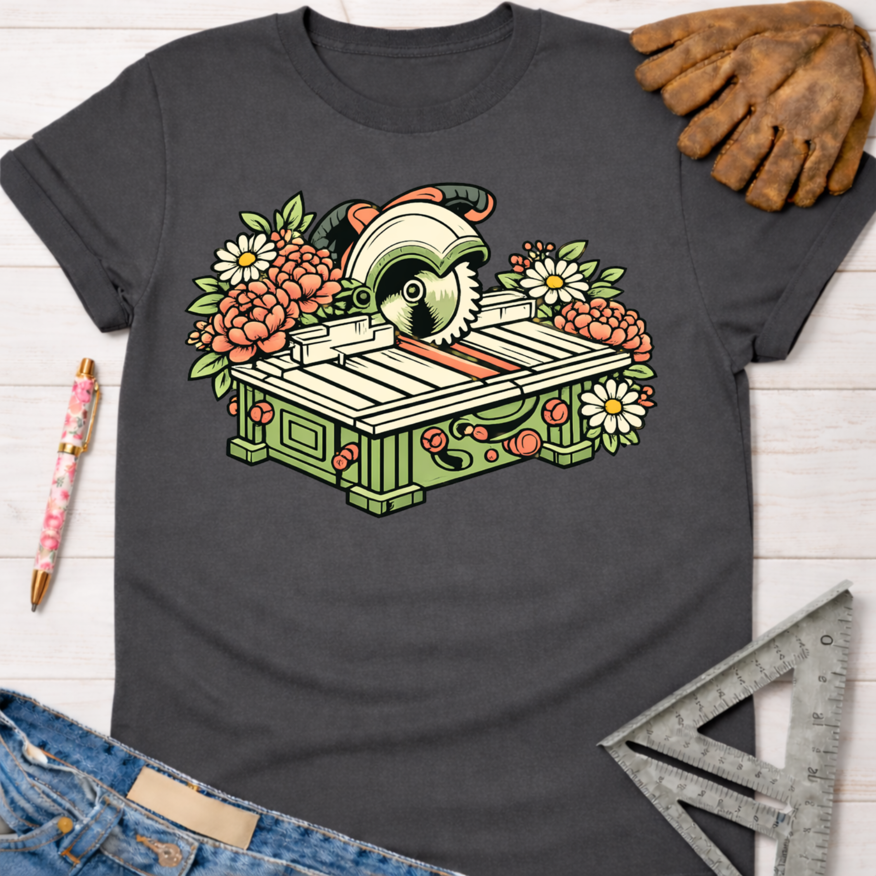Women's funny woodworking graphic tee shirt for female woodworkers, makers, and DIY builders — Sawdust & Ponytails. Dark gray tee with a colorful floral table saw graphic.