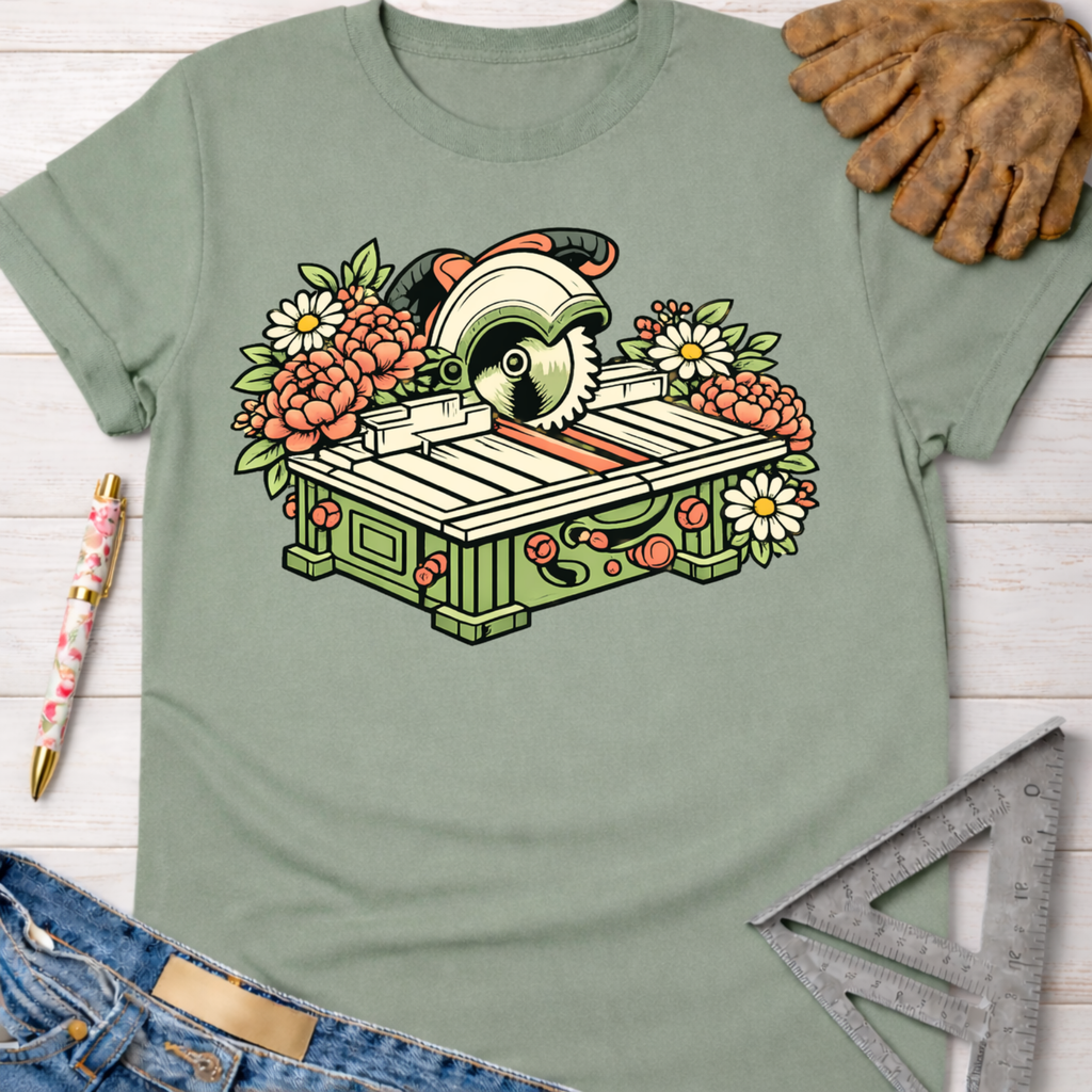 Women's funny woodworking graphic tee shirt for female woodworkers, makers, and DIY builders — Sawdust & Ponytails.
