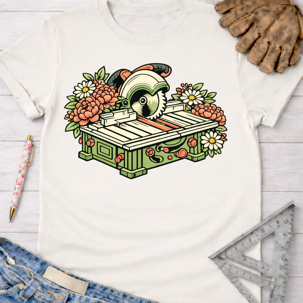 Women's funny woodworking graphic tee shirt for female woodworkers, makers, and DIY builders — Sawdust & Ponytails.