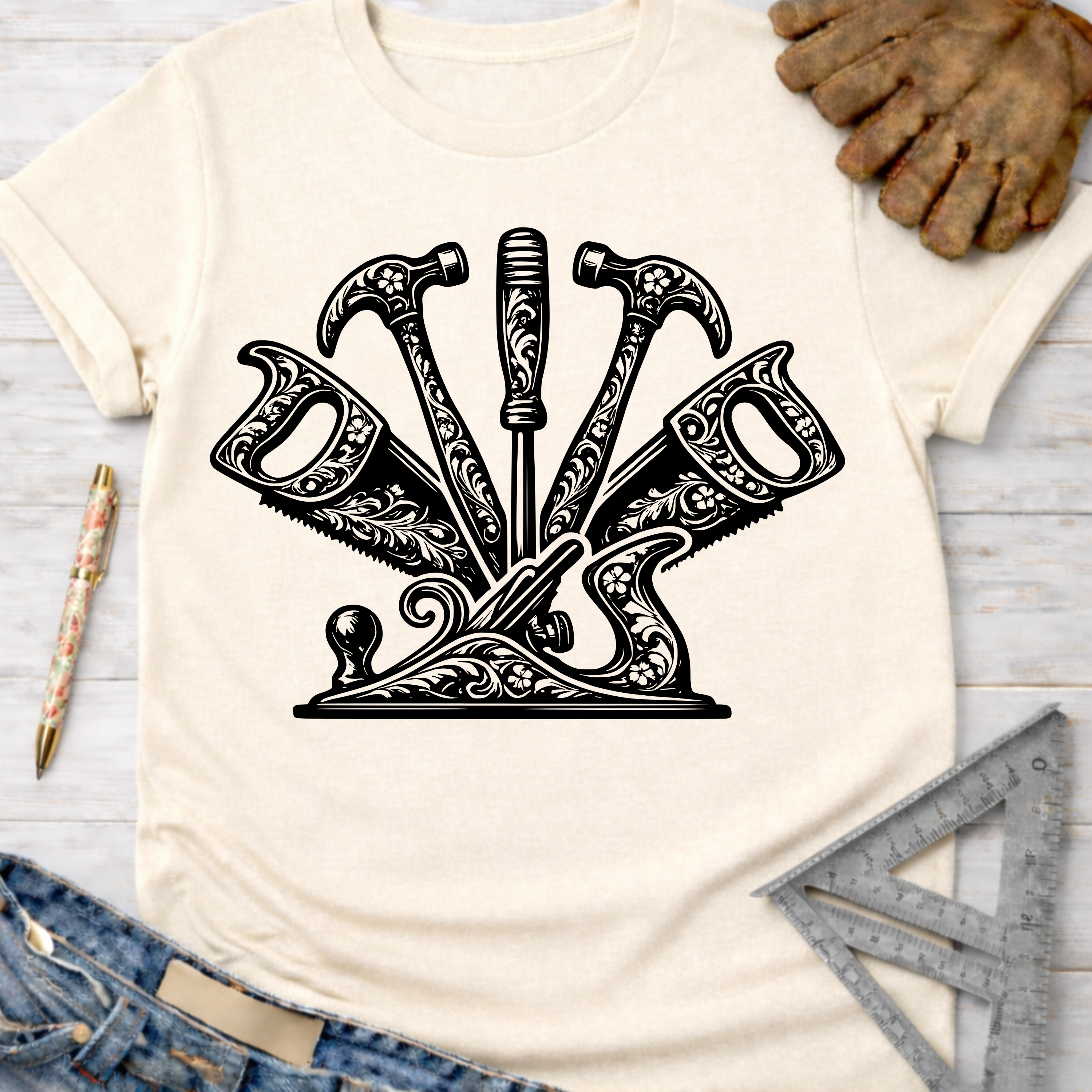 Women's funny woodworking graphic tee shirt for female woodworkers, makers, and DIY builders — Sawdust & Ponytails. Cream t-shirt with ornate black floral tool graphic.