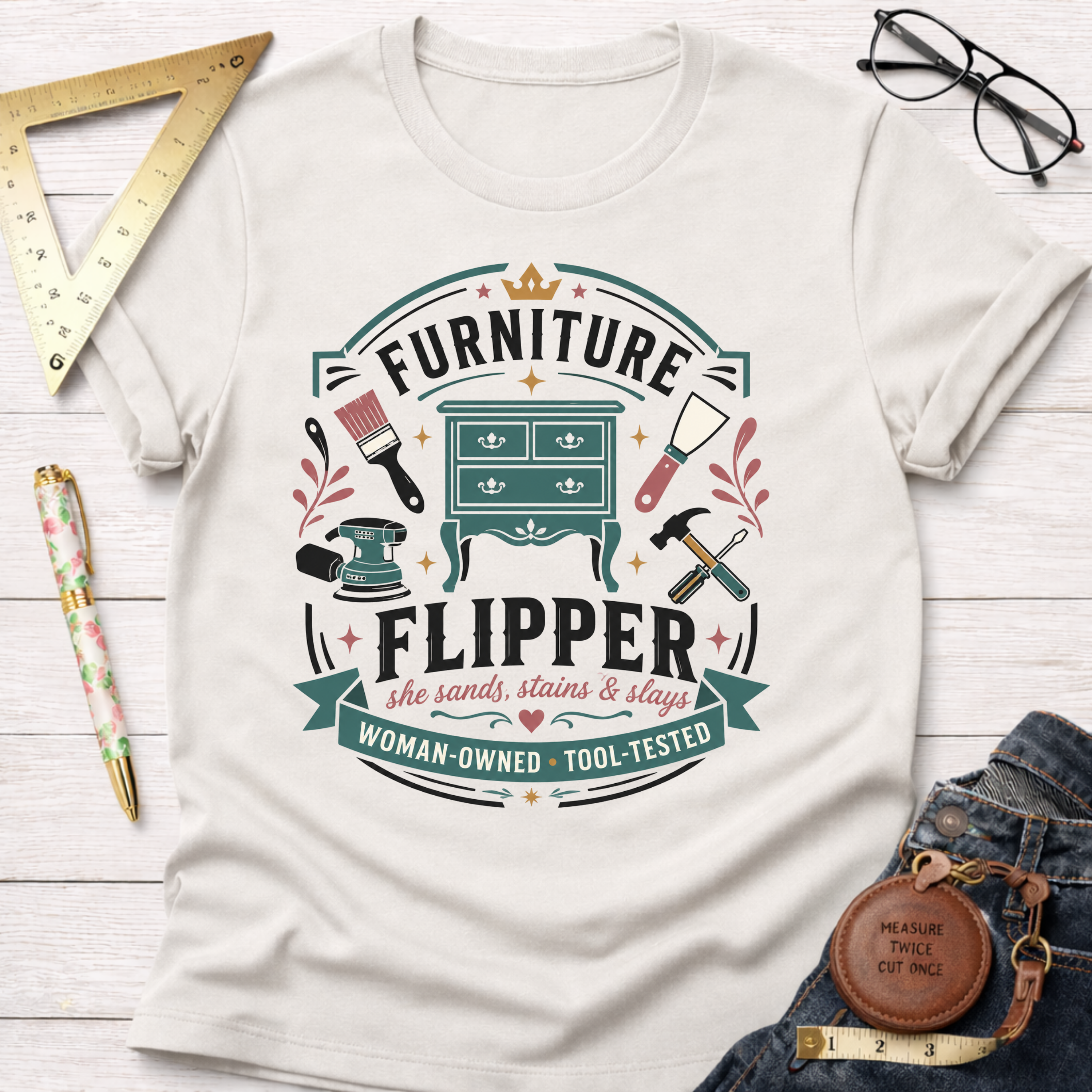 White "Furniture Flipper" t-shirt with a teal dresser, tools, and "Woman-Owned Tool-Tested" text.