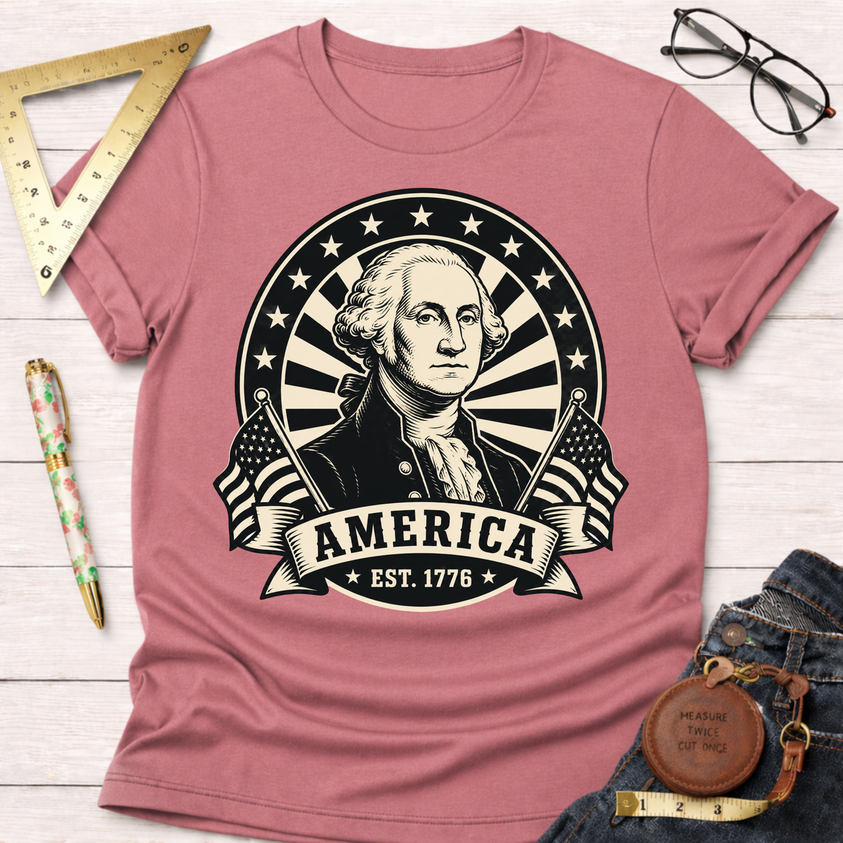 Pink George Washington America EST 1776 T-shirt with black and white graphic, surrounded by stars and flags.
