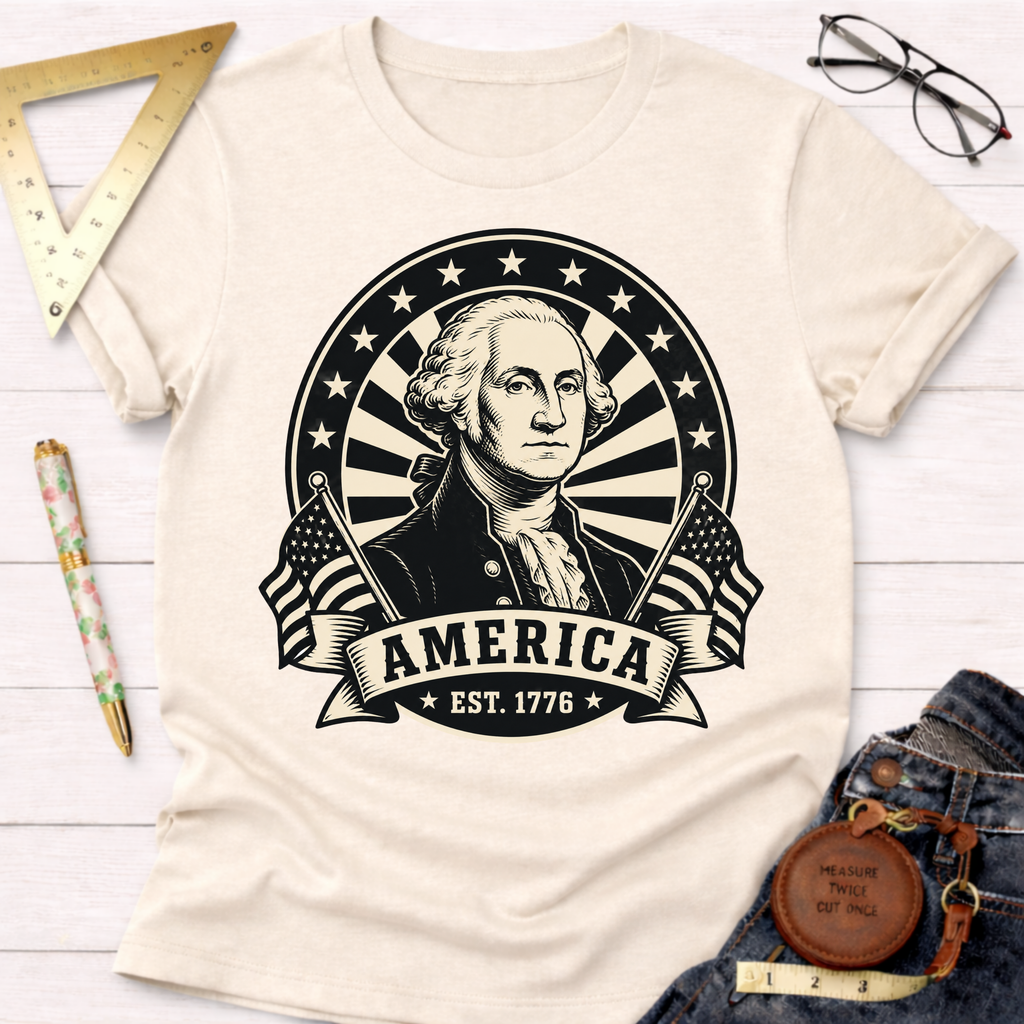 Cream t-shirt with a black graphic of George Washington, "America EST. 1776," and American flags.