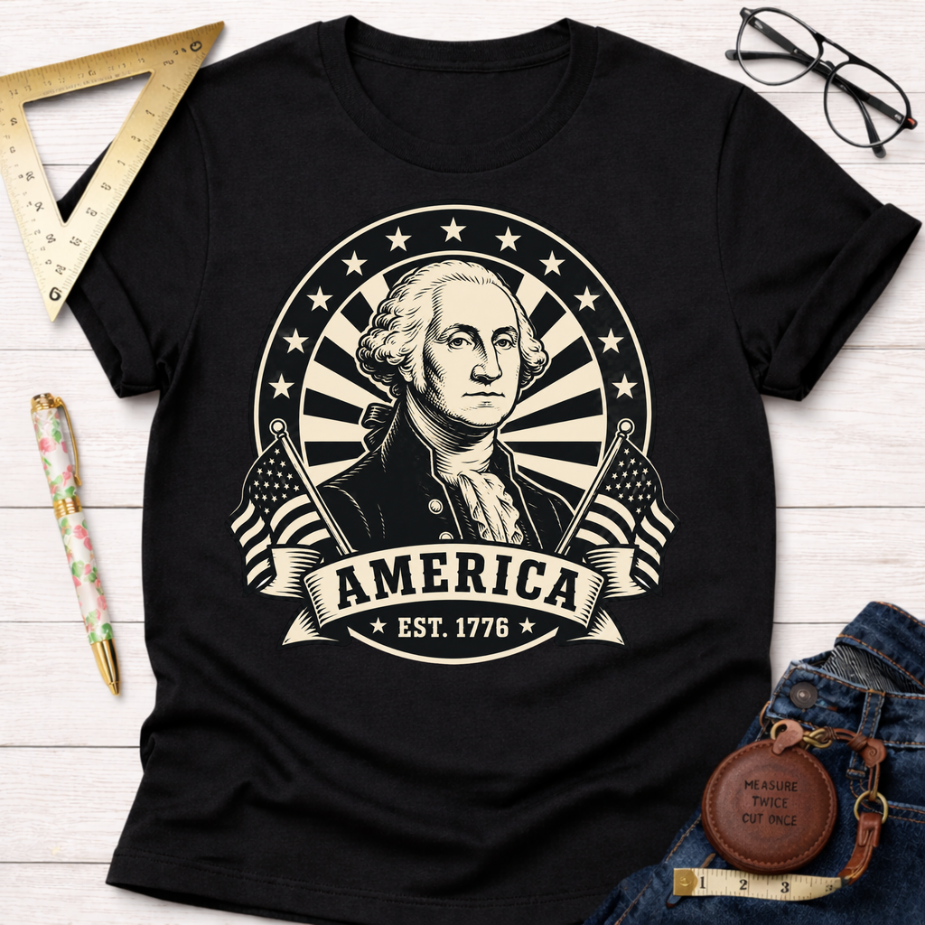 Black cotton t-shirt with a cream graphic of George Washington, "America EST. 1776," and flags.