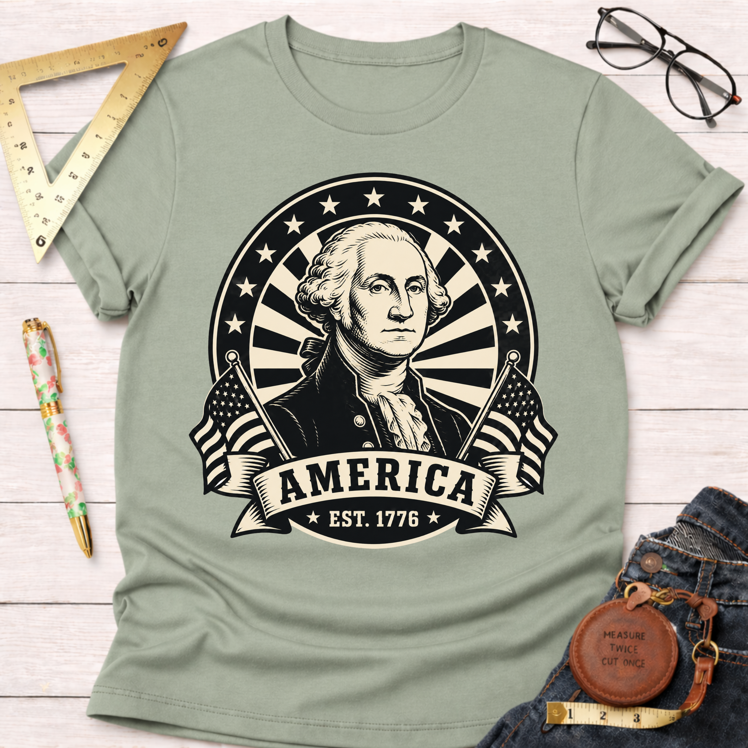 Sage green t-shirt with a black and white George Washington "America EST. 1776" graphic.