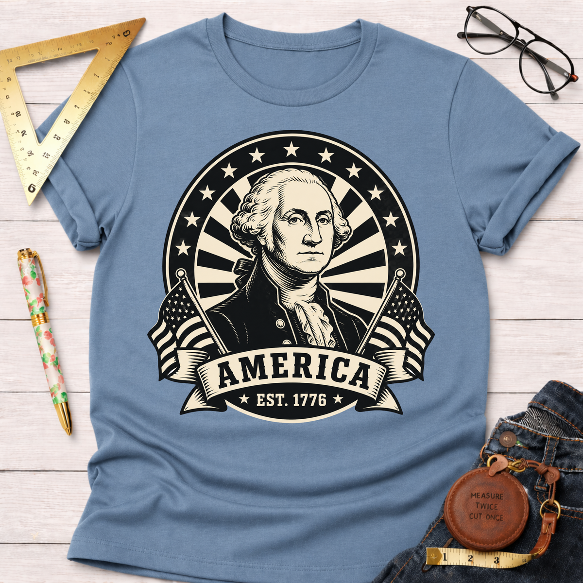 Light blue cotton t-shirt with a black and white George Washington "America EST. 1776" graphic.