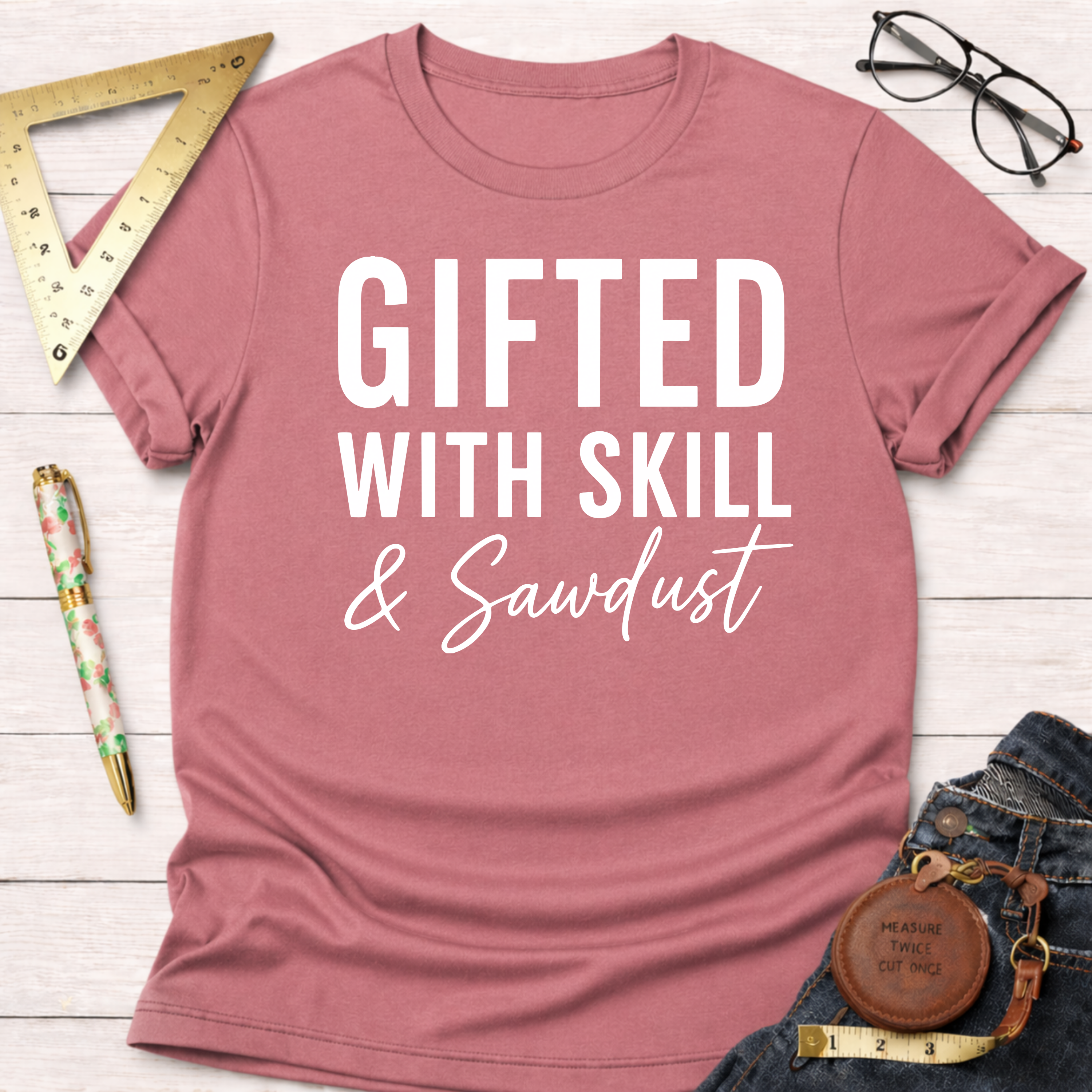 Heather dusty rose t-shirt with "Gifted With Skill & Sawdust" in white text, styled with jeans.