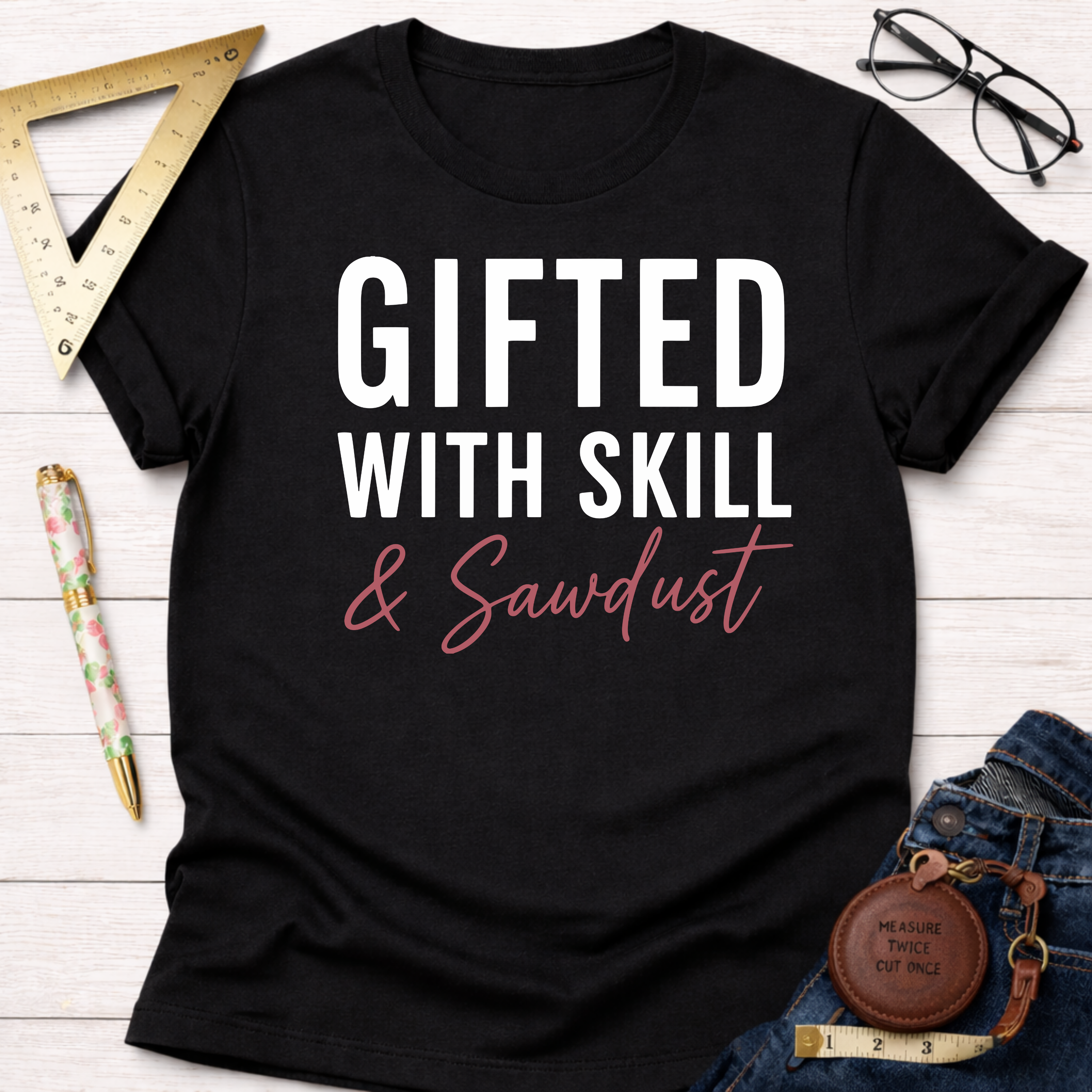 Black cotton t-shirt with "GIFTED WITH SKILL & Sawdust" in white and pink text, styled with jeans.