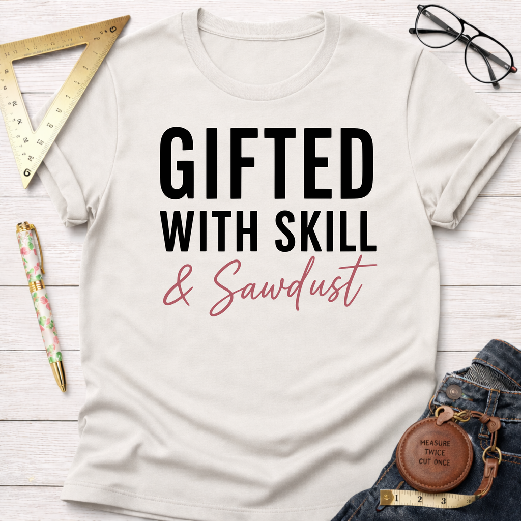 Cream t-shirt with "GIFTED WITH SKILL & Sawdust" text in black and pink, styled with jeans and tools.