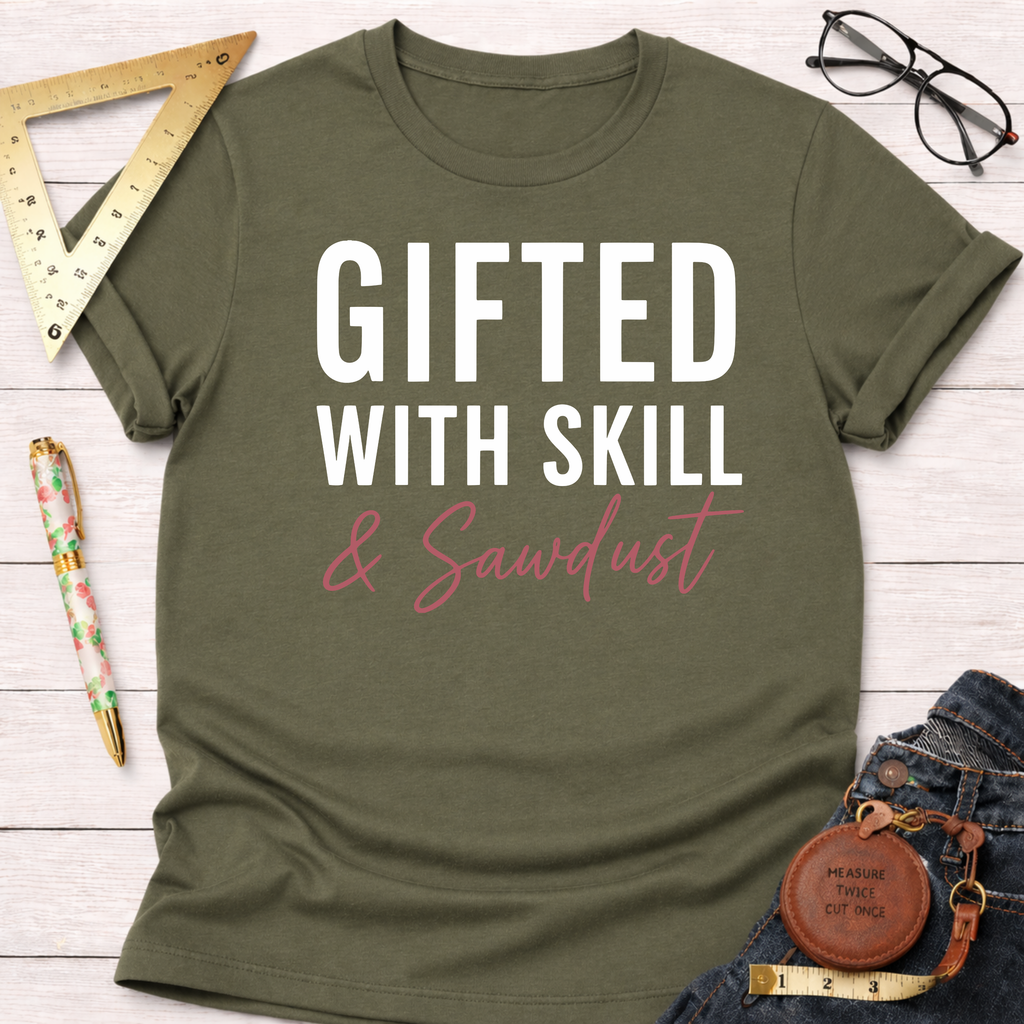Olive green "Gifted With Skill & Sawdust" t-shirt with white and pink text, folded on a white wood surface.