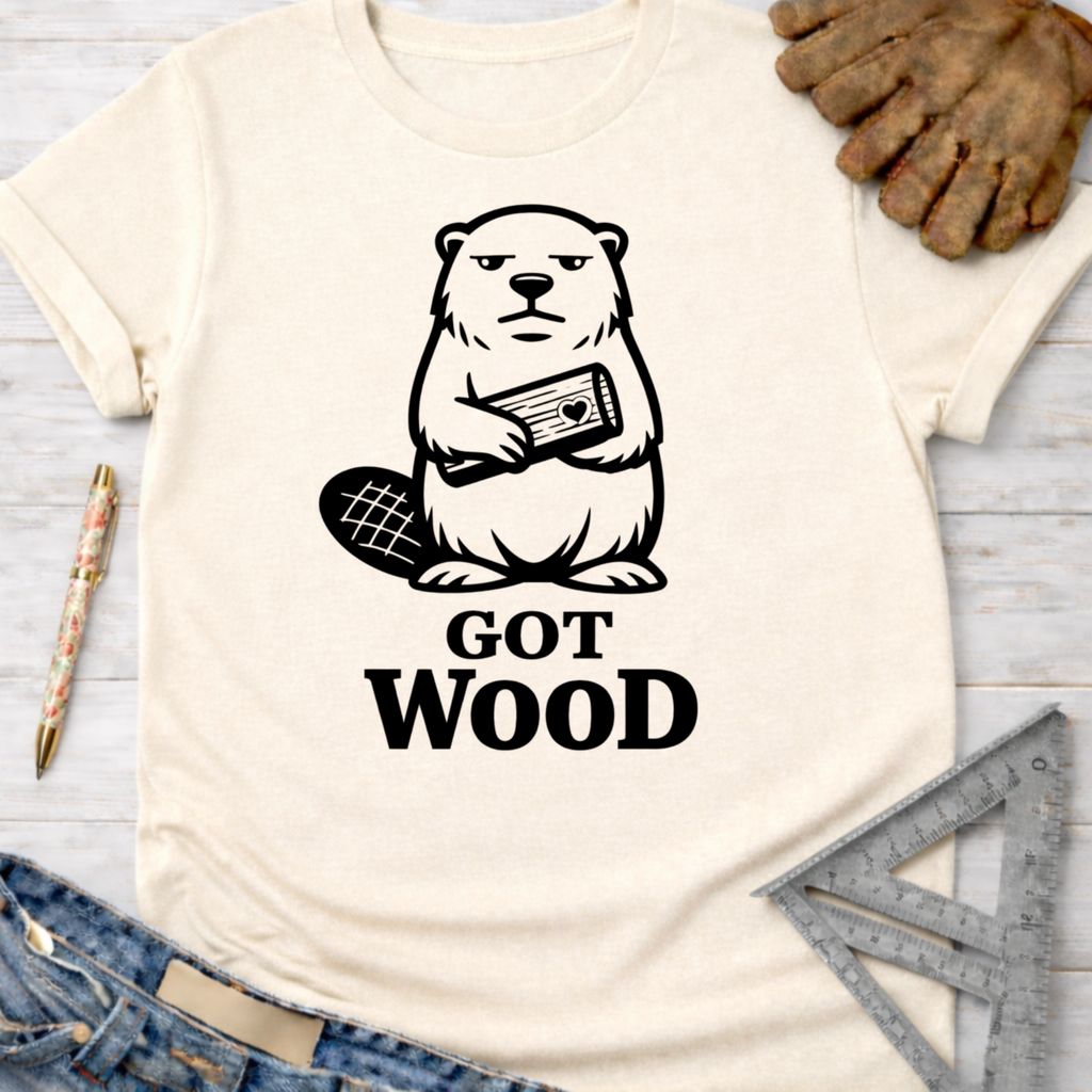 Women's funny woodworking graphic tee shirt for female woodworkers, makers, and DIY builders — Sawdust & Ponytails. Cream t-shirt with a grumpy beaver holding wood and "GOT WOOD?" text.