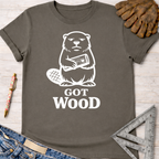 Women's funny woodworking graphic tee shirt for female woodworkers, makers, and DIY builders — Sawdust & Ponytails. Charcoal cotton tee with a white beaver holding wood and "GOT WOOD" text.