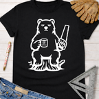 Black women's Grumpy Bear "I Love Wood" graphic tee with a saw, for female woodworkers.