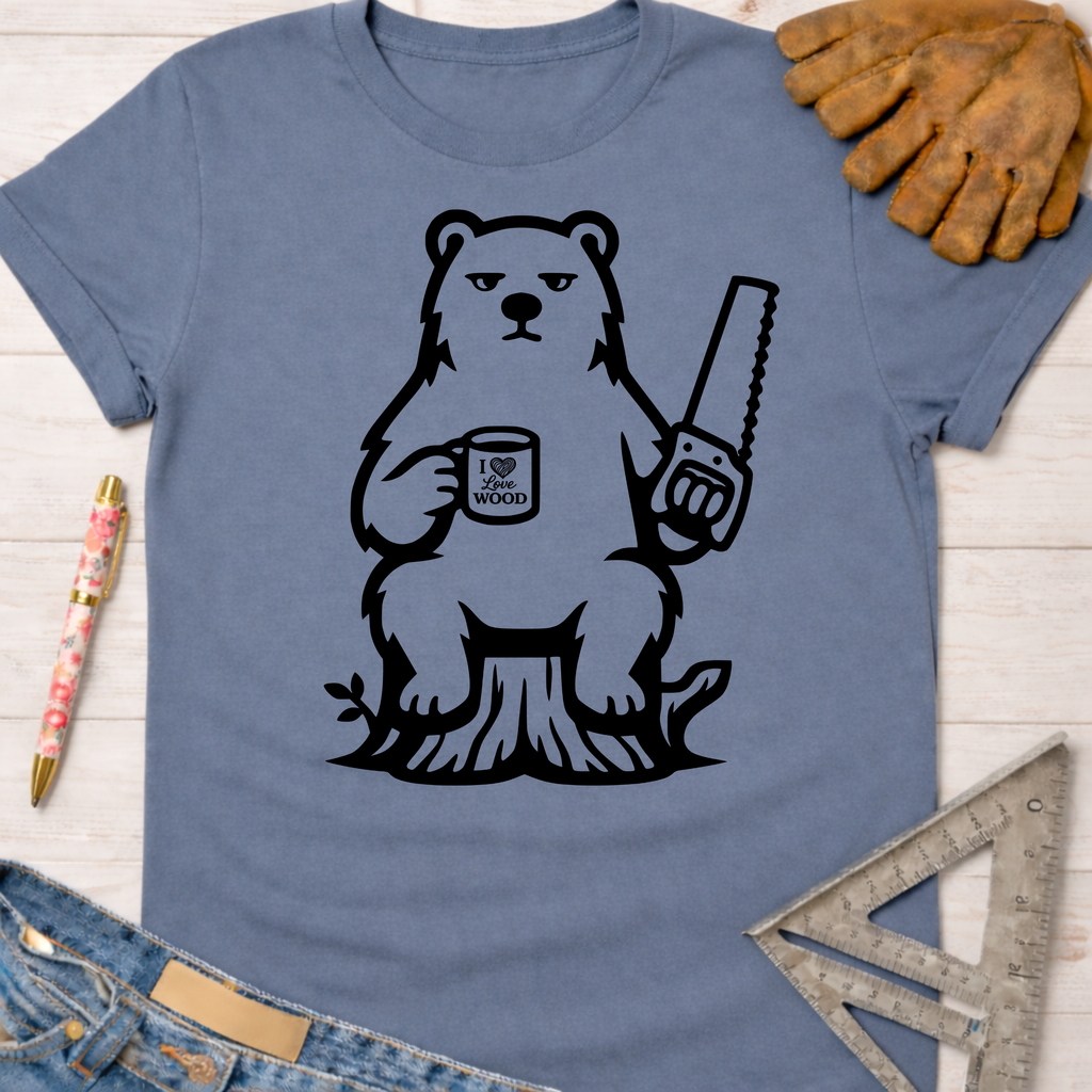 Women's funny woodworking graphic tee shirt for female woodworkers, makers, and DIY builders — Sawdust & Ponytails. Blue cotton tee with a black graphic of a grumpy bear holding a saw and "I Love Wood" mug.