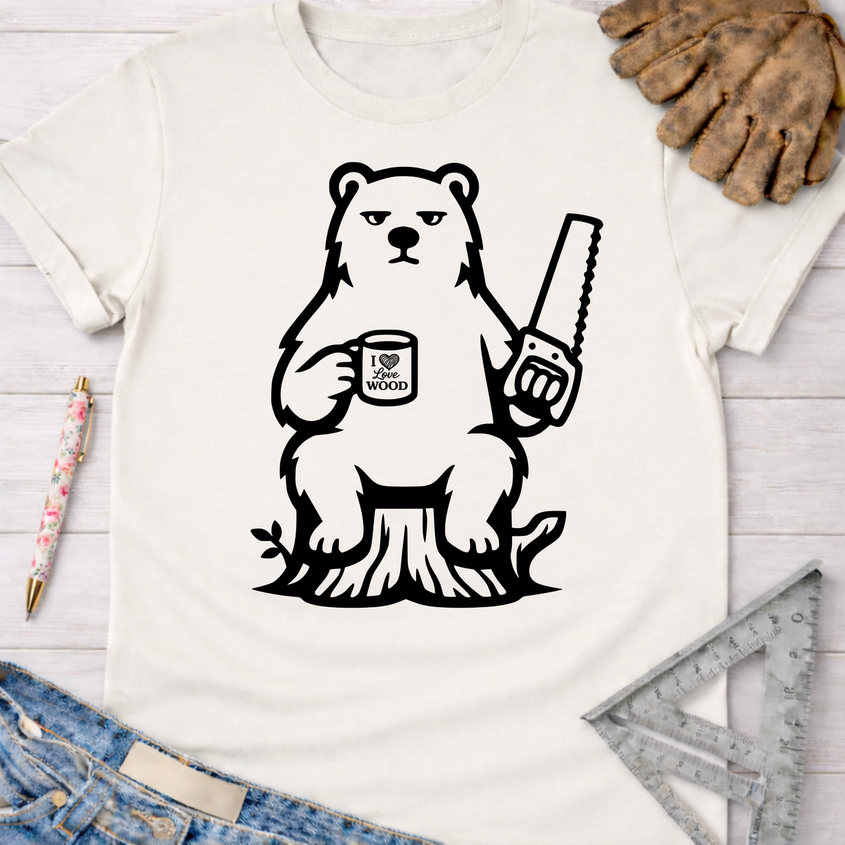 Women's funny woodworking graphic tee shirt for female woodworkers, makers, and DIY builders — Sawdust & Ponytails. White cotton tee with a black grumpy bear holding a saw and "I Love Wood" mug.