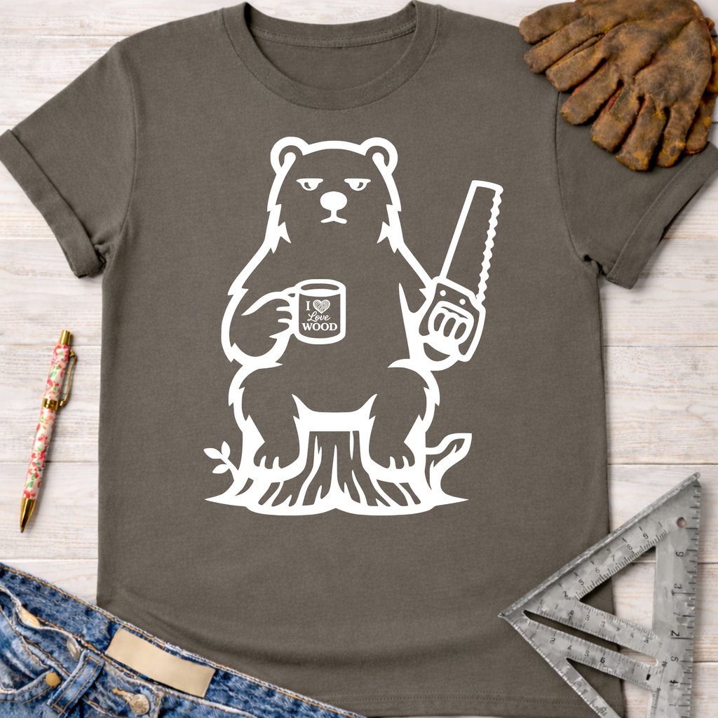Women's funny woodworking graphic tee shirt for female woodworkers, makers, and DIY builders — Sawdust & Ponytails. Dark gray cotton tee with white grumpy bear holding a saw and "I Love Wood" mug.