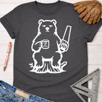Charcoal gray women's "Grumpy Bear" graphic tee with a bear holding a saw and "I Love Wood" mug. Sawdust & Ponytails.