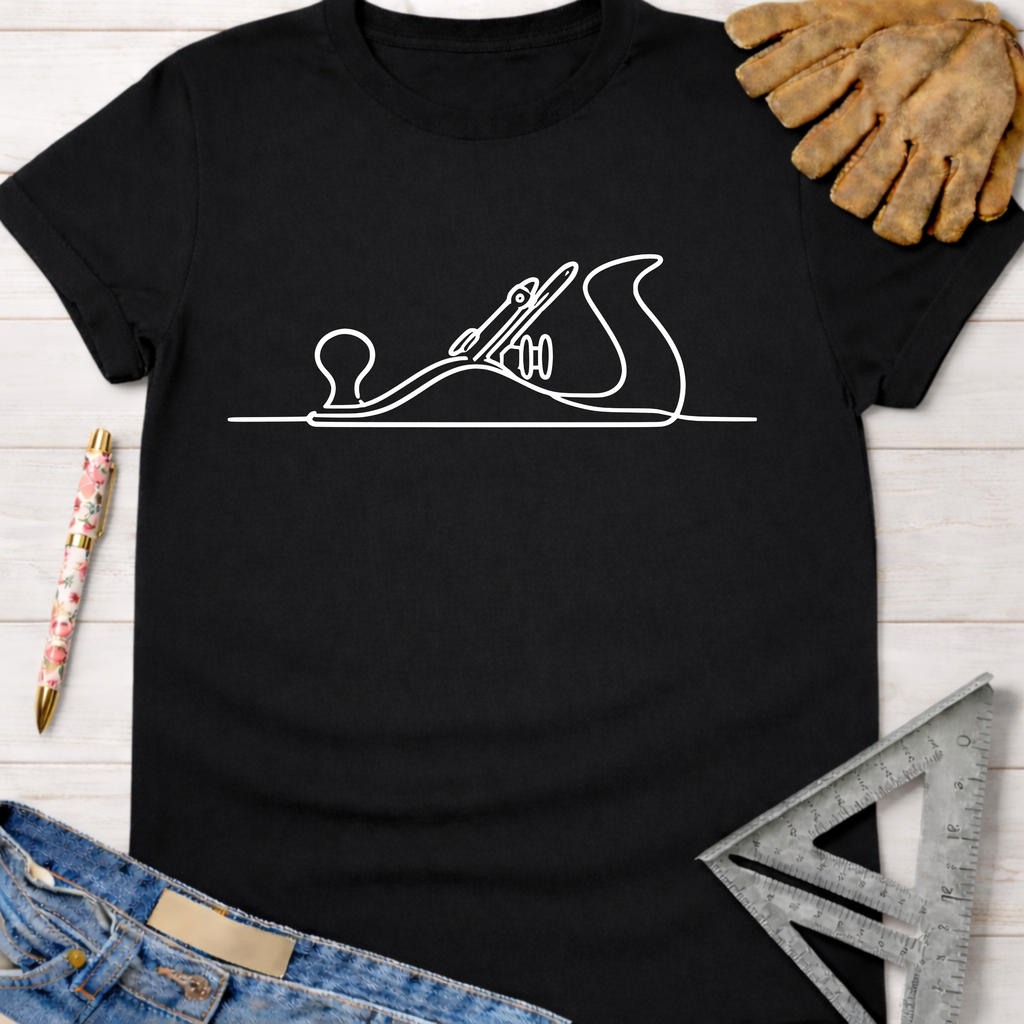 Black women's funny woodworking graphic tee with white hand planer line art. Sawdust & Ponytails.