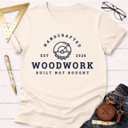 Cream cotton t-shirt with "Handcrafted Woodwork Built Not Bought" text and saw blade graphic.