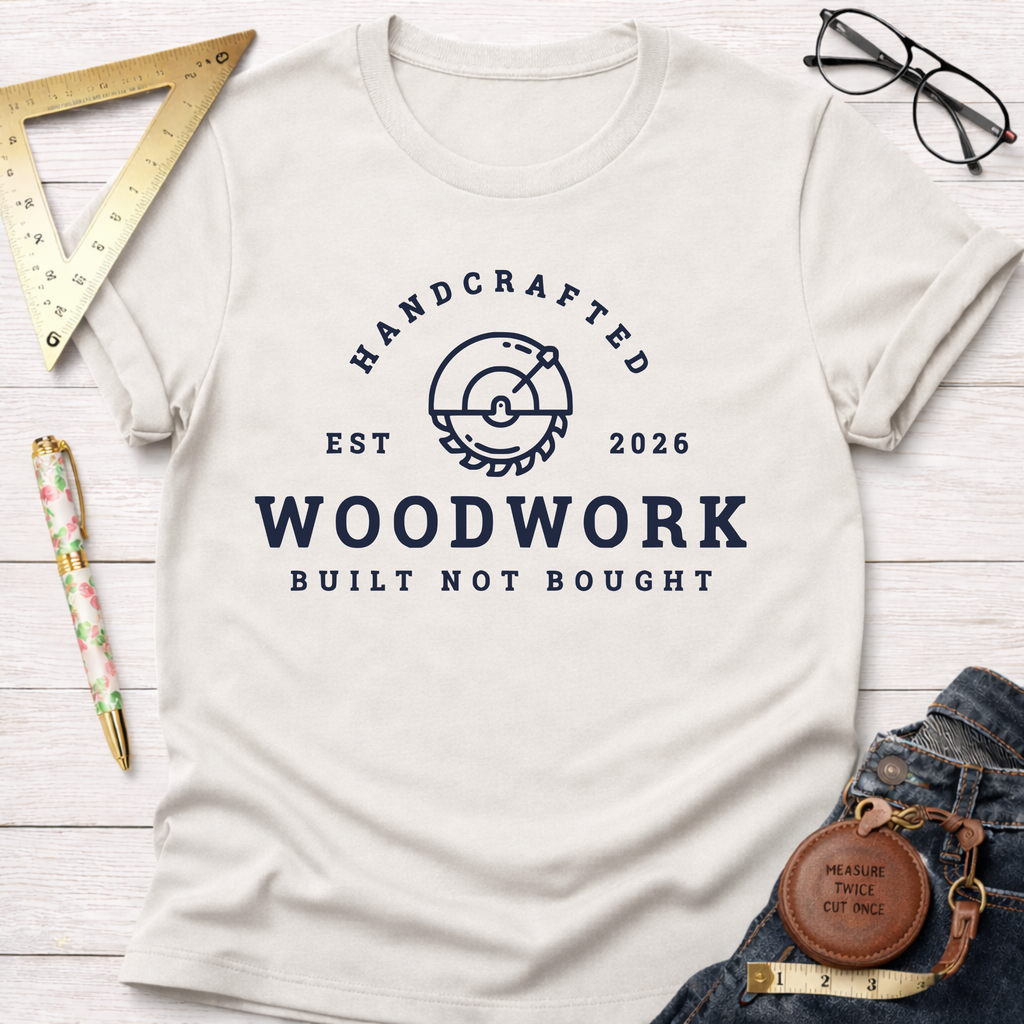 Off-white cotton t-shirt with "Handcrafted Woodwork Built Not Bought" graphic featuring a saw blade and wood grain.