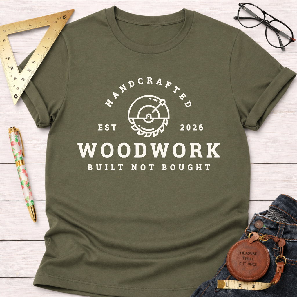 Olive green cotton t-shirt with "Handcrafted Woodwork Built Not Bought" graphic and saw blade logo.