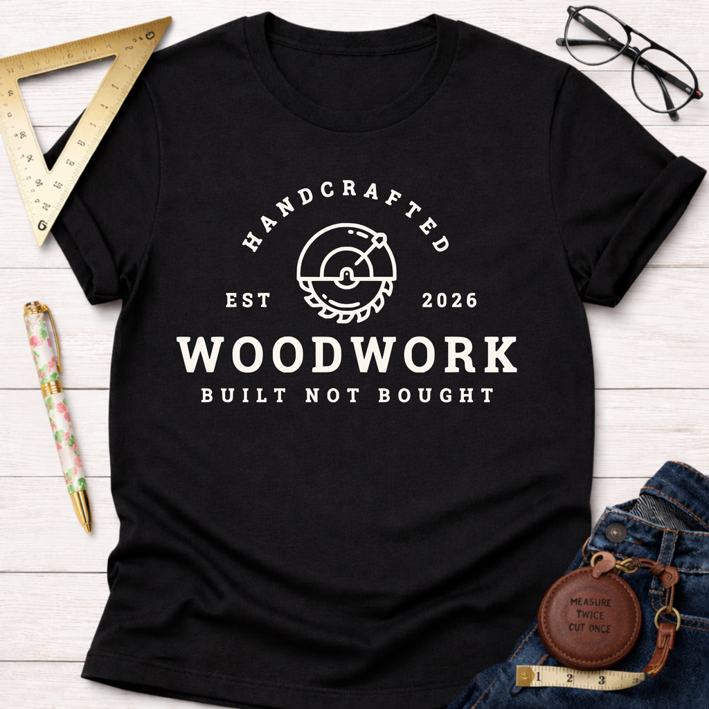 Black cotton t-shirt with "HANDCRAFTED WOODWORK BUILT NOT BOUGHT" text and saw blade graphic.