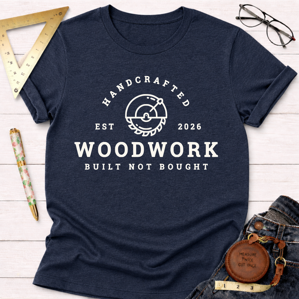 Navy blue heather t-shirt with "Handcrafted Woodwork Built Not Bought" graphic and saw blade logo.
