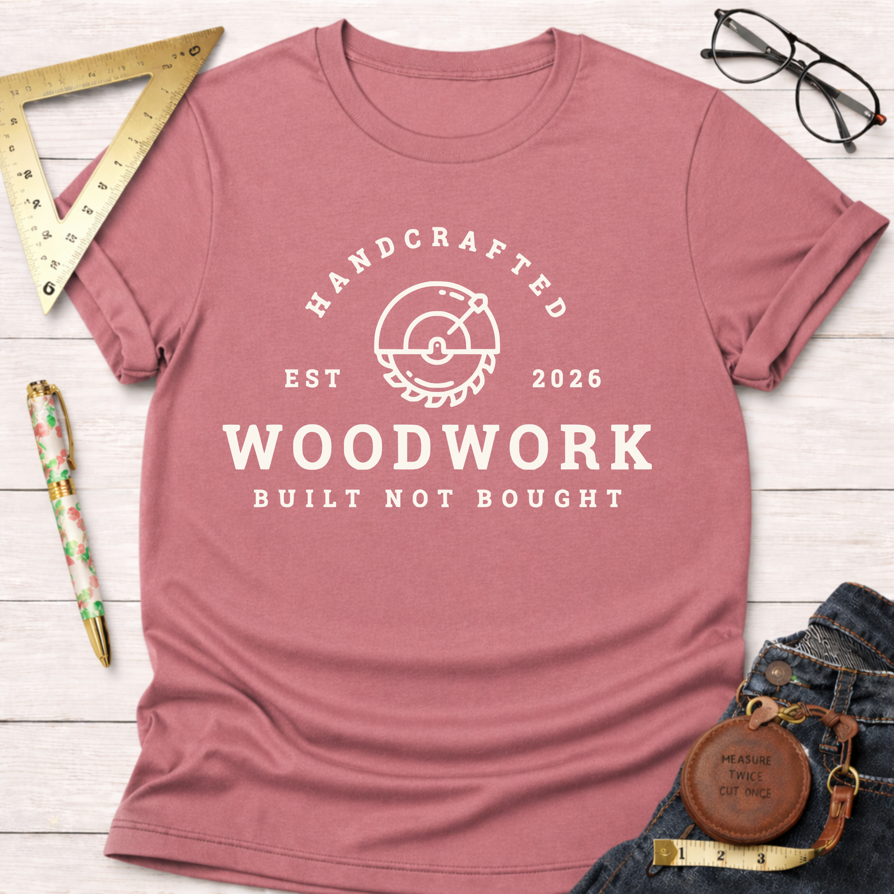 Dusty rose t-shirt with "HANDCRAFTED WOODWORK BUILT NOT BOUGHT" graphic, styled with jeans and tools.