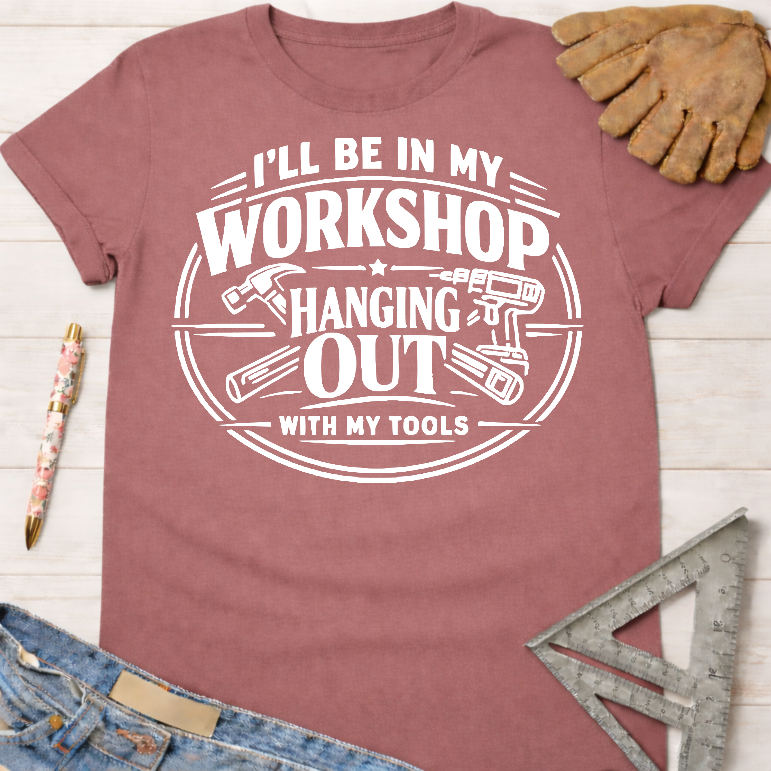 Women's funny woodworking graphic tee shirt for female woodworkers, makers, and DIY builders — Sawdust & Ponytails.