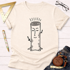 Women's funny woodworking graphic tee shirt for female woodworkers, makers, and DIY builders — Sawdust & Ponytails. Cream short-sleeve t-shirt with a happy cartoon tree stump design.