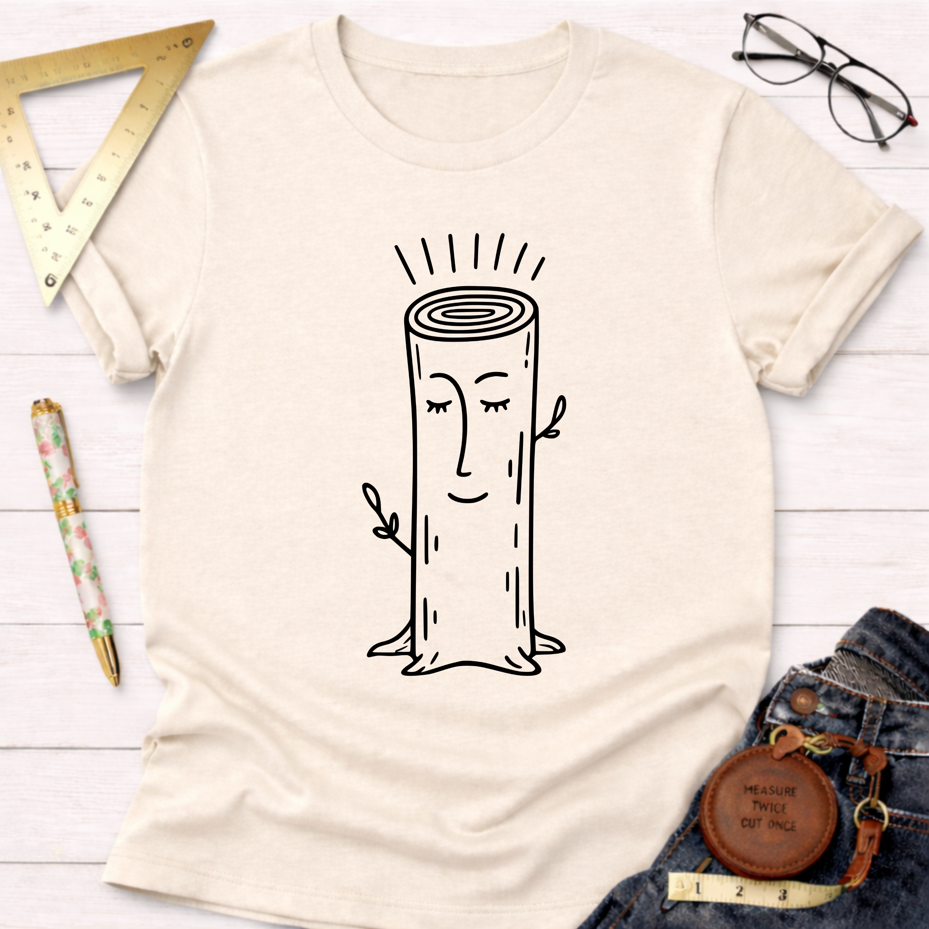 Women's funny woodworking graphic tee shirt for female woodworkers, makers, and DIY builders — Sawdust & Ponytails. Cream short-sleeve t-shirt with a happy cartoon tree stump design.