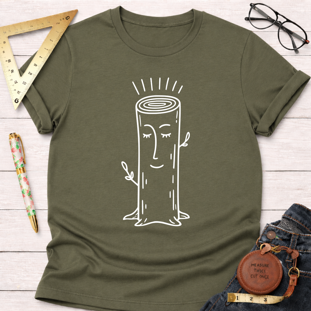 Olive green women's funny woodworking graphic tee with a happy wood log design. Sawdust & Ponytails.
