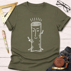 Olive green women's funny woodworking graphic tee with a happy wood log design. Sawdust & Ponytails.