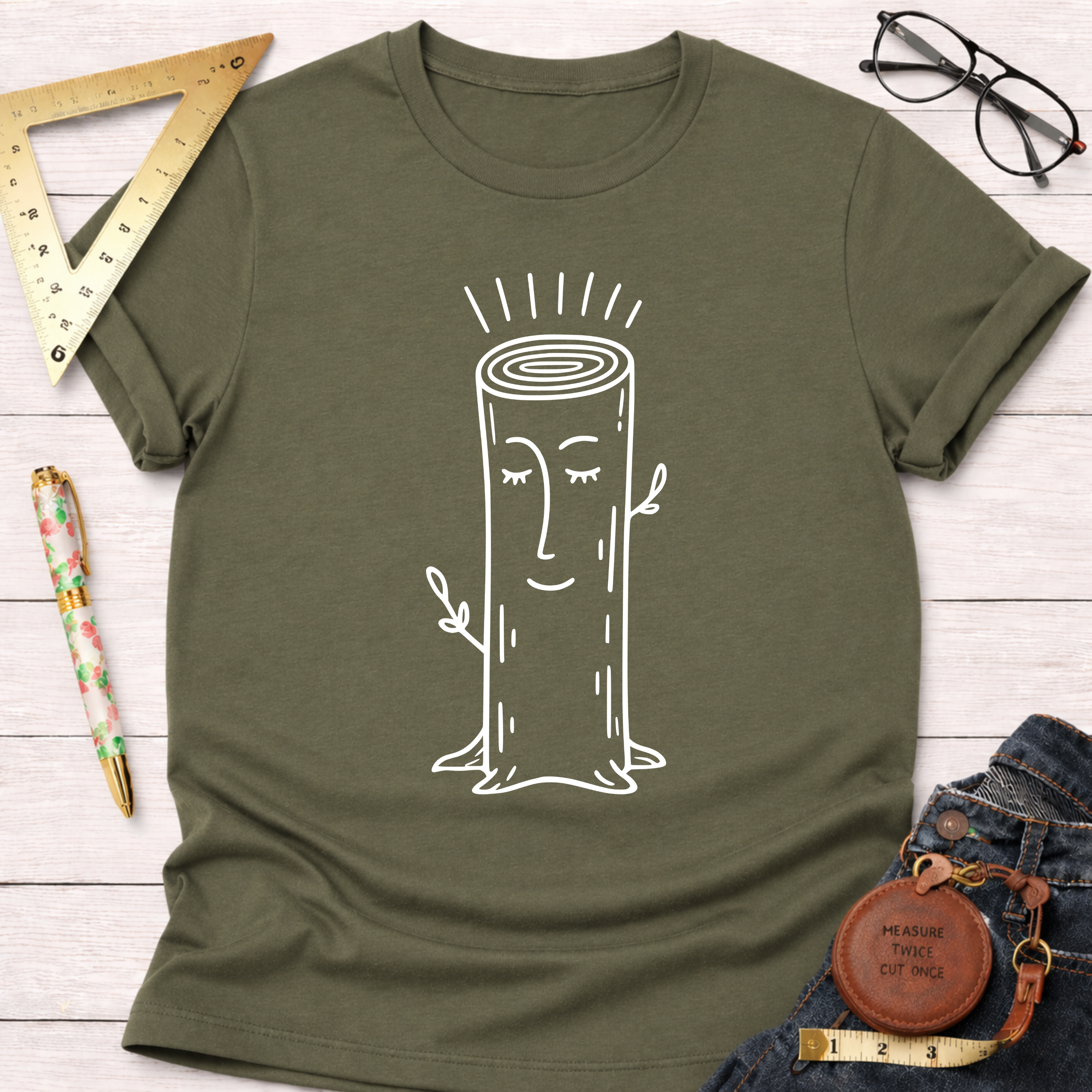 Olive green women's funny woodworking graphic tee with a happy wood log design. Sawdust & Ponytails.