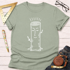 Women's funny woodworking graphic tee shirt for female woodworkers, makers, and DIY builders — Sawdust & Ponytails. Sage green cotton tee with a happy tree stump graphic.