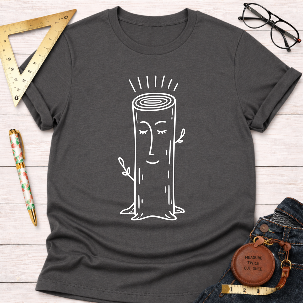 Women's funny woodworking graphic tee shirt for female woodworkers, makers, and DIY builders — Sawdust & Ponytails. Dark gray cotton tee with a white smiling tree stump graphic.