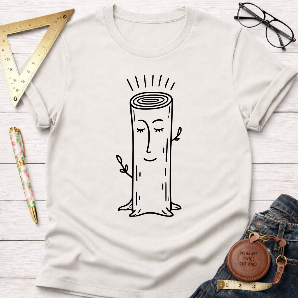 Women's funny woodworking graphic tee shirt for female woodworkers, makers, and DIY builders — Sawdust & Ponytails. Cream cotton tee with a happy tree stump design.