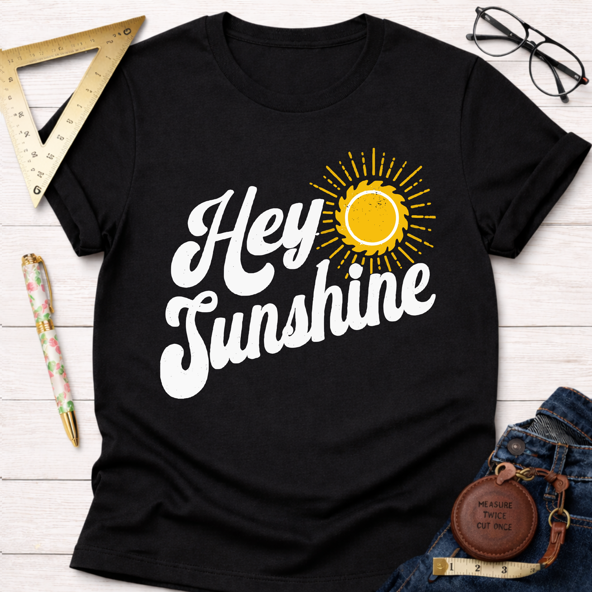 Black women's "Hey Sunshine" graphic tee with a yellow sun design, perfect for female woodworkers.