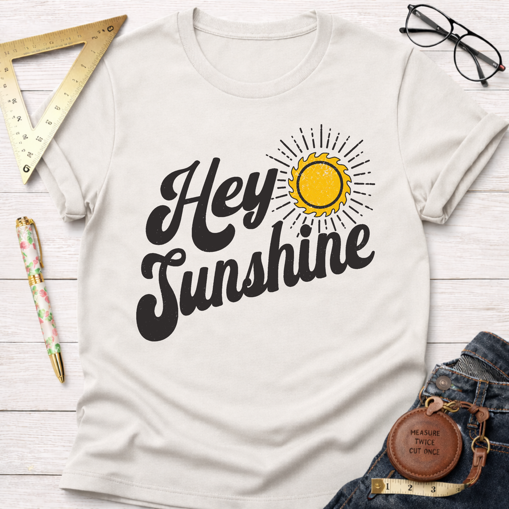 Off-white "Hey Sunshine" graphic tee with a yellow sun design, folded beside jeans, glasses, and a ruler.