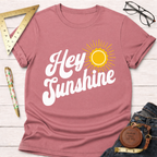 Women's funny woodworking graphic tee shirt for female woodworkers, makers, and DIY builders — Sawdust & Ponytails. Mauve pink short-sleeve t-shirt with "Hey Sunshine" graphic.