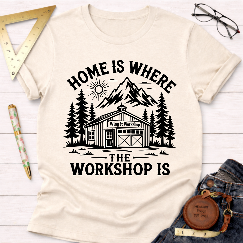 Women's funny woodworking graphic tee shirt for female woodworkers, makers, and DIY builders — Sawdust & Ponytails. Cream cotton t-shirt with "Home Is Where The Workshop Is" graphic.