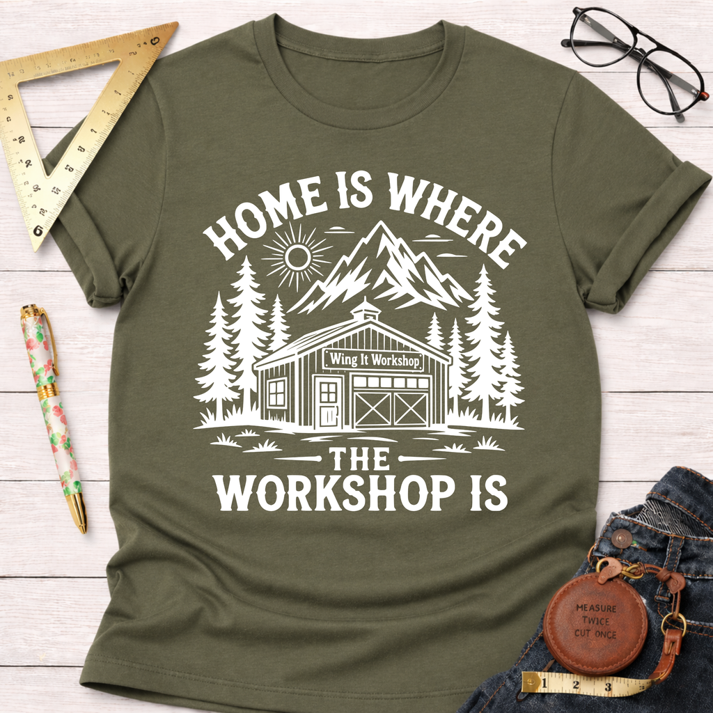 Olive green cotton tee with "Home Is Where The Workshop Is" graphic. Women's funny woodworking graphic tee shirt for female woodworkers, makers, and DIY builders — Sawdust & Ponytails