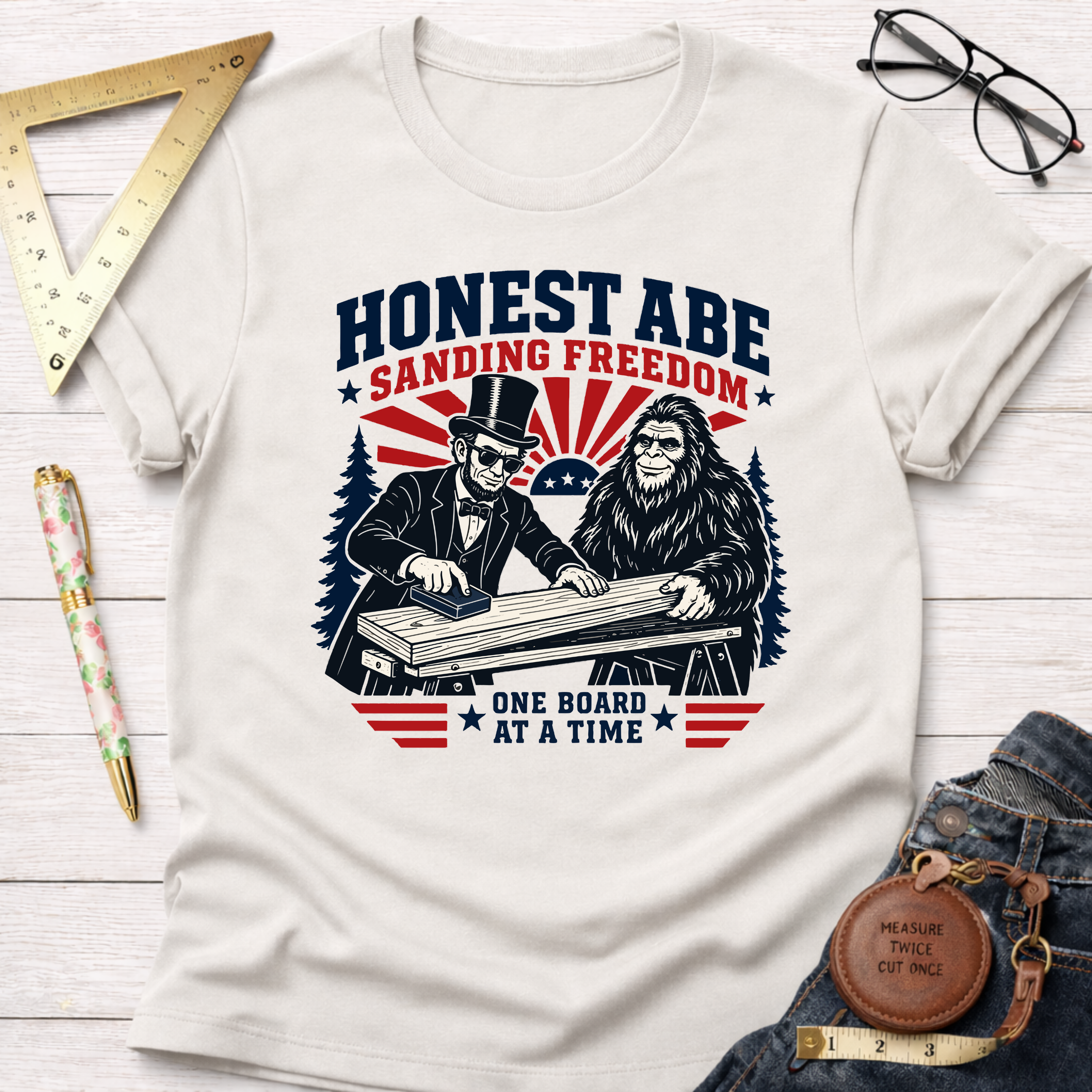 White cotton "Honest Abe Sanding Freedom" t-shirt with Abraham Lincoln and Bigfoot sanding wood.
