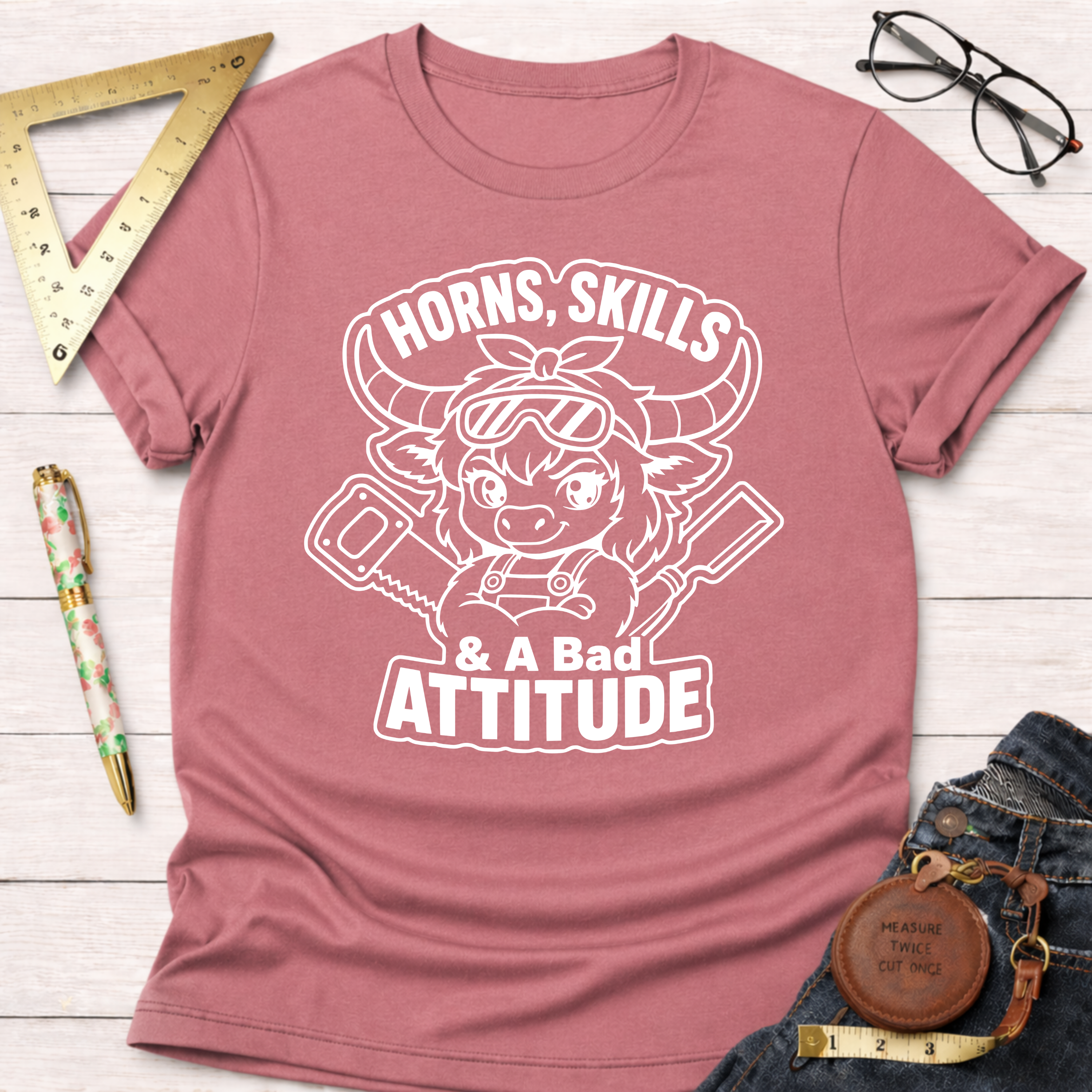 Dusty rose t-shirt with "Horns, Skills, & A Bad Attitude" graphic featuring a horned, goggle-wearing maker.