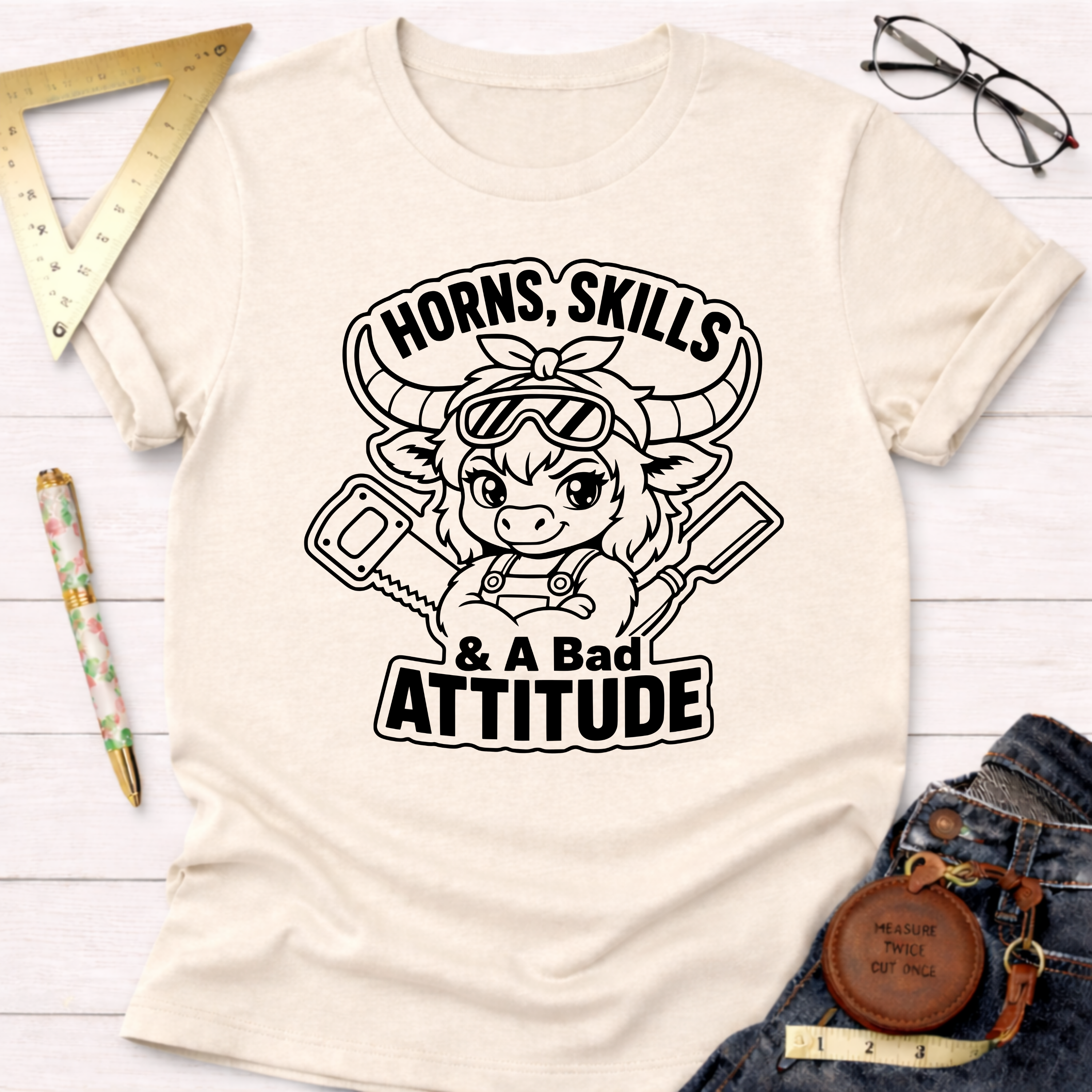 Cream t-shirt with a black graphic of a cute horned cow wearing goggles and overalls, holding tools, with "Horns, Skills, & A Bad Attitude" text.