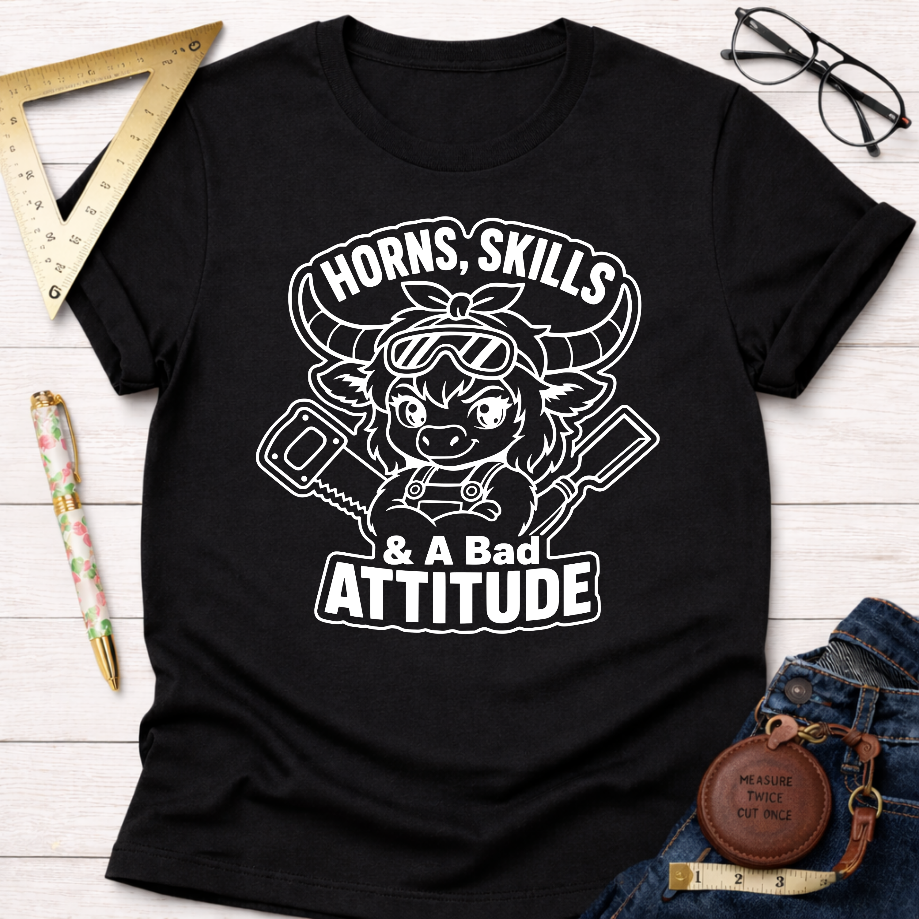 Black cotton t-shirt with "Horns, Skills, & A Bad Attitude" graphic featuring a horned character with tools.
