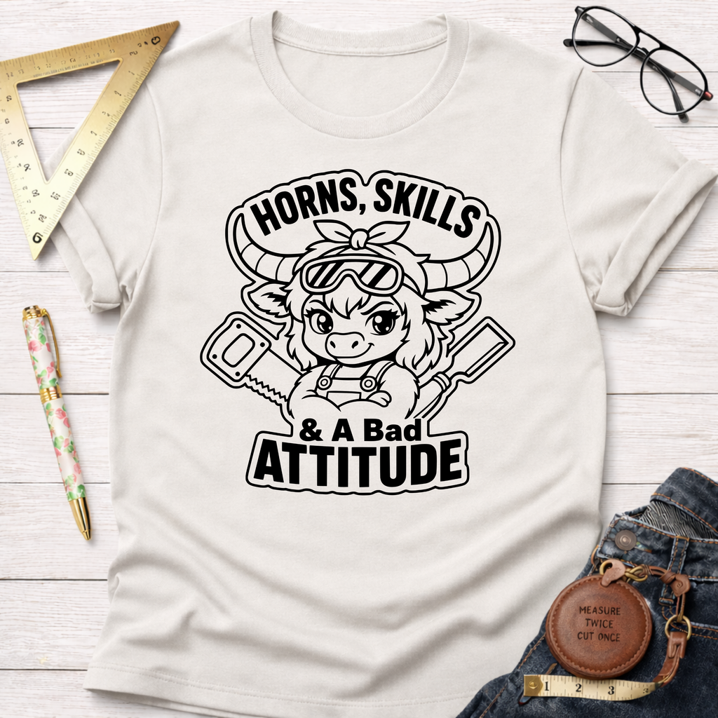 Off-white cotton t-shirt with "Horns, Skills, & A Bad Attitude" graphic featuring a cute, horned character with tools.