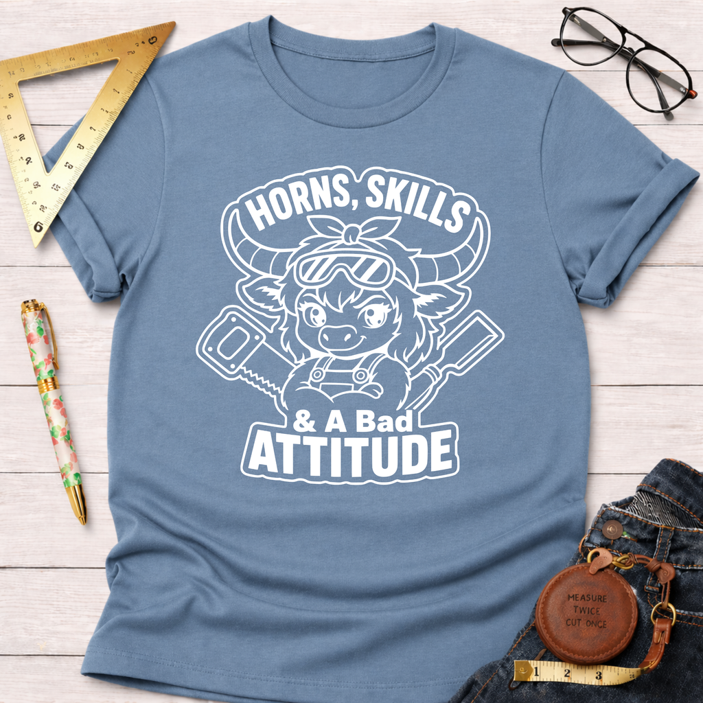 Light blue cotton t-shirt with "Horns, Skills, & A Bad Attitude" graphic featuring a cartoon bull with tools.