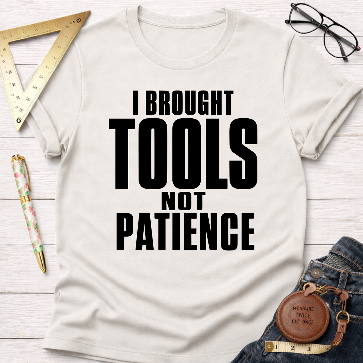 Women's funny woodworking graphic tee shirt for female woodworkers, makers, and DIY builders — Sawdust & Ponytails.